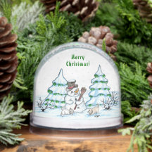 Frohe Weihnachten! Schneemann mit Katze und Welpe