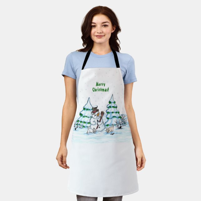 Frohe Weihnachten! Schneemann mit Katze und Welpe Schürze (Getragen)
