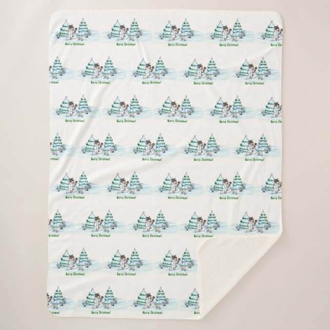 Frohe Weihnachten! Schneemann mit Katze und Welpe Sherpadecke (Vorderseite)