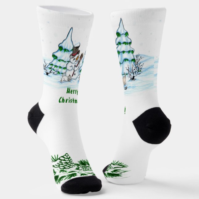 Frohe Weihnachten! Schneemann mit Katze und Welpe Socken (Gewinkelt)