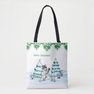 Frohe Weihnachten! Schneemann mit Katze und Welpe Tasche