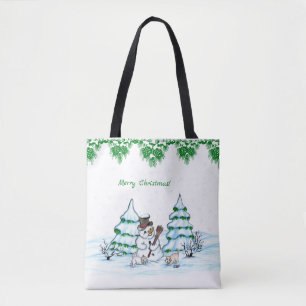 Frohe Weihnachten! Schneemann mit Katze und Welpe Tasche