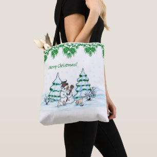 Frohe Weihnachten! Schneemann mit Katze und Welpe Tasche