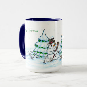 Frohe Weihnachten! Schneemann mit Katze und Welpe Tasse