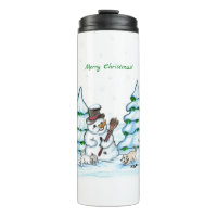 Frohe Weihnachten! Schneemann mit Katze und Welpe