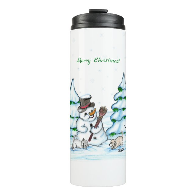 Frohe Weihnachten! Schneemann mit Katze und Welpe Thermosbecher (Vorderseite)