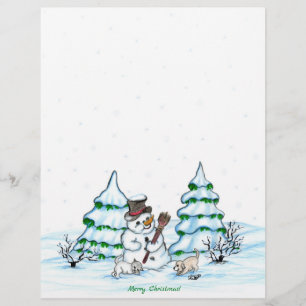 Frohe Weihnachten! Schneemann mit Katze und Welpen Briefbogen