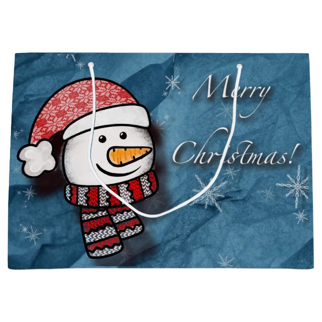 Frohe Weihnachten, Schneemann mit Strickkleidung Große Geschenktüte (Vorderseite)