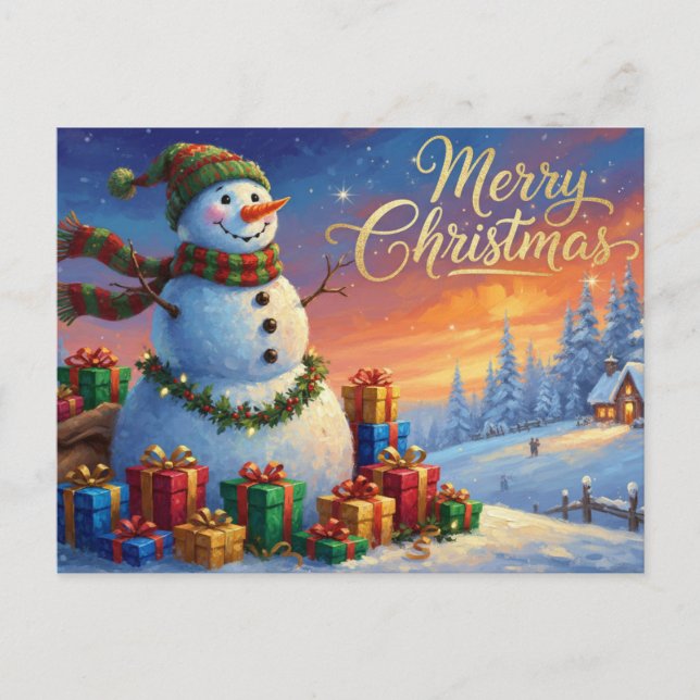 Frohe Weihnachten Schneemann mit Weihnachtsgeschen (Vorderseite)