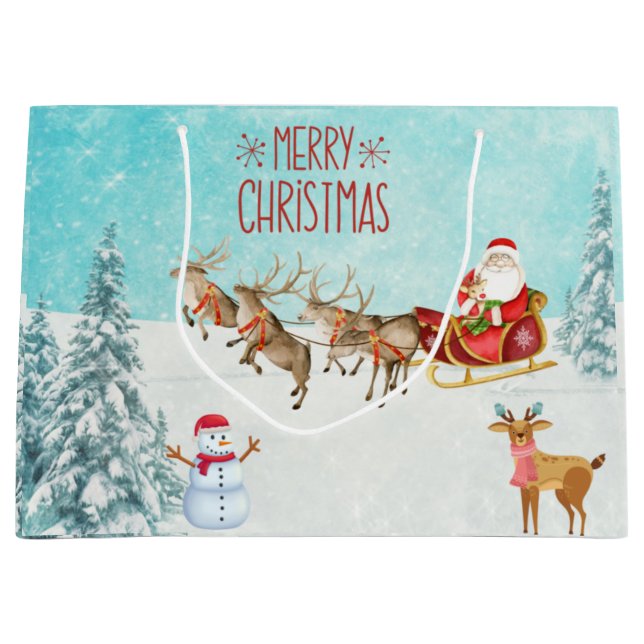 Frohe Weihnachten, Schneemann, Rentier, Wald Große Geschenktüte (Vorderseite)