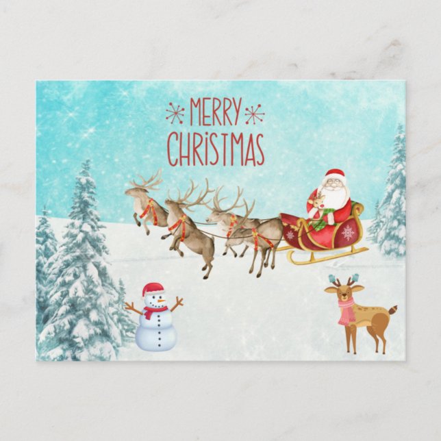 Frohe Weihnachten, Schneemann, Rentier, Wald Postkarte (Vorderseite)