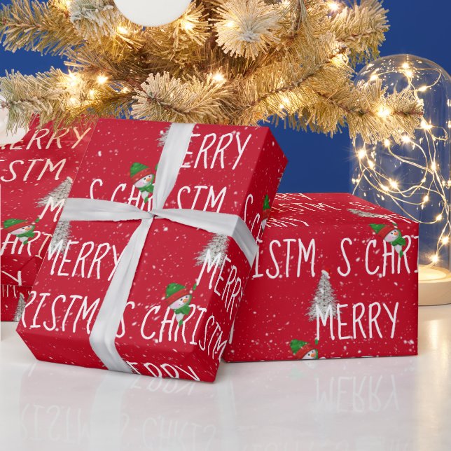 Frohe Weihnachten Schneemann und Baum in Schneeflo Geschenkpapier (Feiertage)