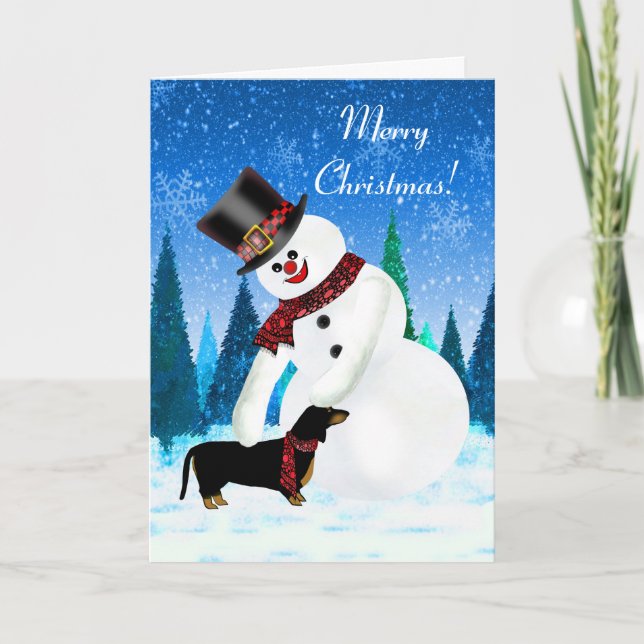 Frohe Weihnachten Schneemann und Dackel Karte (Vorderseite)