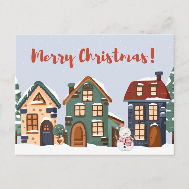 Frohe Weihnachten Schneemann und Häuser Postkarte (Vorderseite)