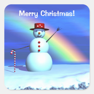 Frohe Weihnachten Schneemann und Regenbogen Quadratischer Aufkleber