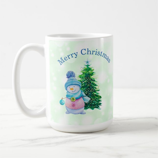 Frohe Weihnachten, Schneemann und Weihnachtsbaum Kaffeetasse (Links)