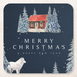 Frohe Weihnachten-/Schneewinterhütte mit Wolf Rechteckiger Pappuntersetzer
