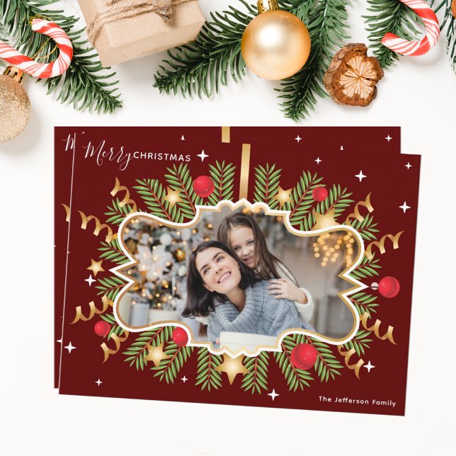 Frohe Weihnachten Schönes Red Gold Foto Wreath Postkarte (Von Creator hochgeladen)
