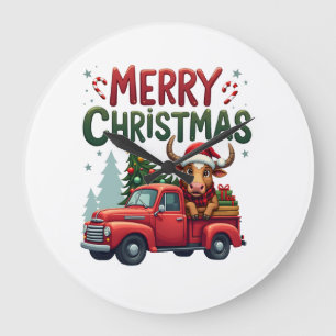 Frohe Weihnachten Schottischer Highland-Kuh Weihna Große Wanduhr
