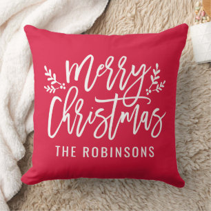 Frohe Weihnachten Schrift Familienname Rot Kissen