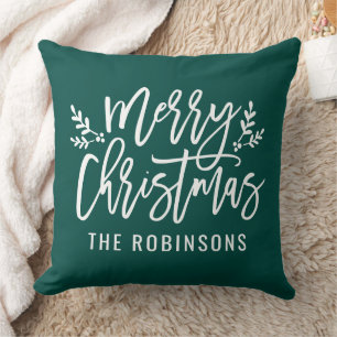 Frohe Weihnachten Schrift Familienname Smaragd Kissen