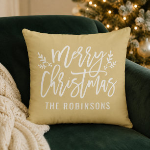 Frohe Weihnachten Schrift Familienname Tan Gold Kissen
