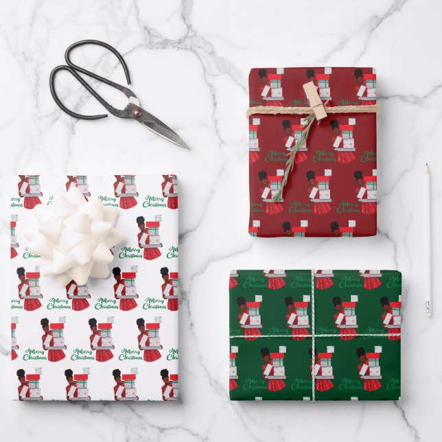 Frohe Weihnachten Schwarz-Amerikanerin Geschenke Geschenkpapier Set (Vorderseite)