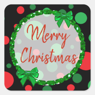 Frohe Weihnachten Schwarz, Red Green Polka Dots Quadratischer Aufkleber