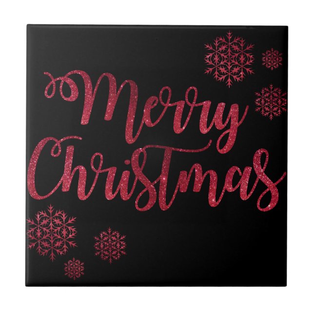 Frohe Weihnachten Schwarz-Rot-Schneeflocke Typogra Fliese (Vorderseite)