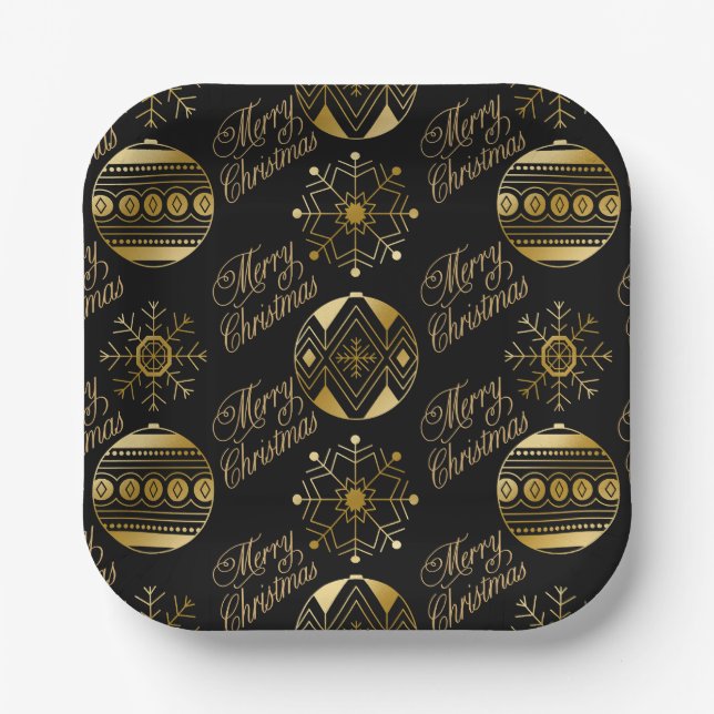 Frohe Weihnachten Schwarz und Gold Dekorative Pappteller (Vorderseite)