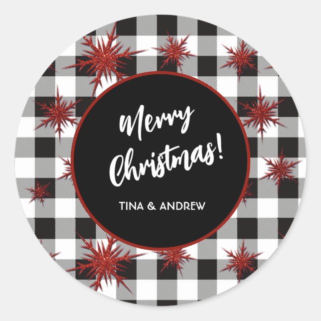 Frohe Weihnachten Schwarz-weiß Buffalo Karo Runder Aufkleber (Vorderseite)