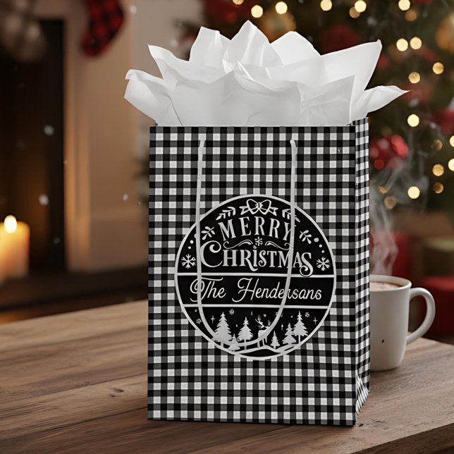 Frohe Weihnachten Schwarz & Weiß Karierter Individ Mittlere Geschenktüte (Von Creator hochgeladen)