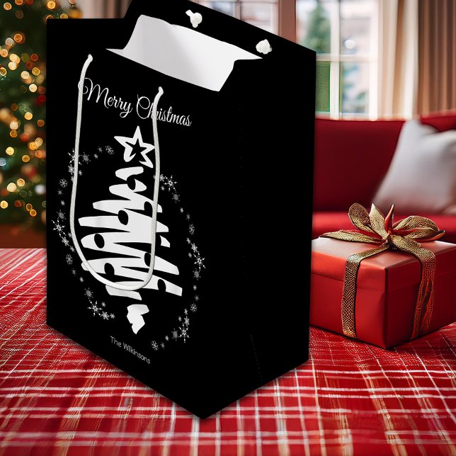 Frohe Weihnachten Schwarz-weiß Minimal Moderner Ur Mittlere Geschenktüte (Merry Christmas Black White Minimal Modern Holiday Medium Gift Bag)