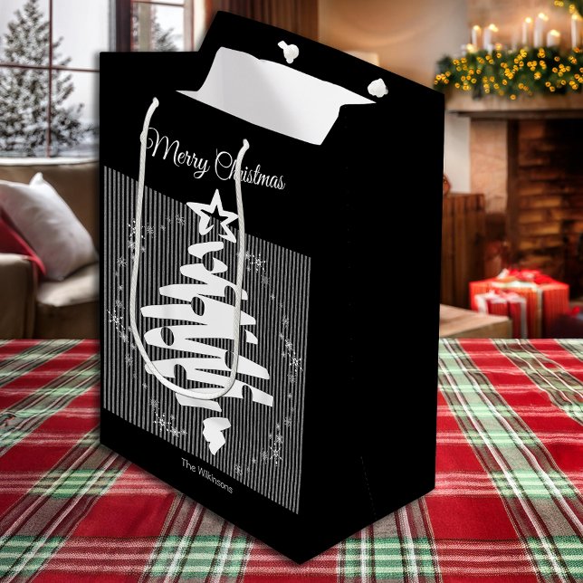 Frohe Weihnachten Schwarz-weiß Stripe Moderner Url Mittlere Geschenktüte (Merry Christmas Black White Stripe Modern Holiday Medium Gift Bag)