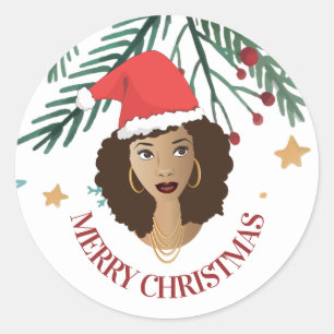 Frohe Weihnachten, schwarze Frau, rote Weihnachtsm Runder Aufkleber