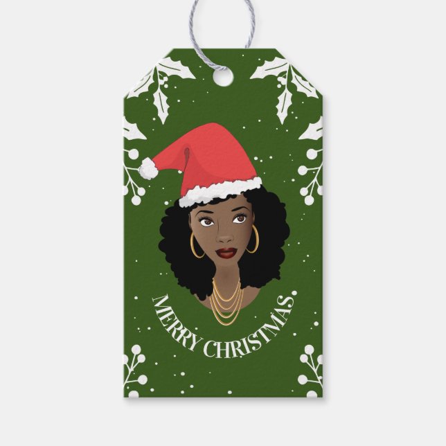 Frohe Weihnachten, Schwarze Frau, Weihnachtsmannmü Geschenkanhänger (Vorderseite)