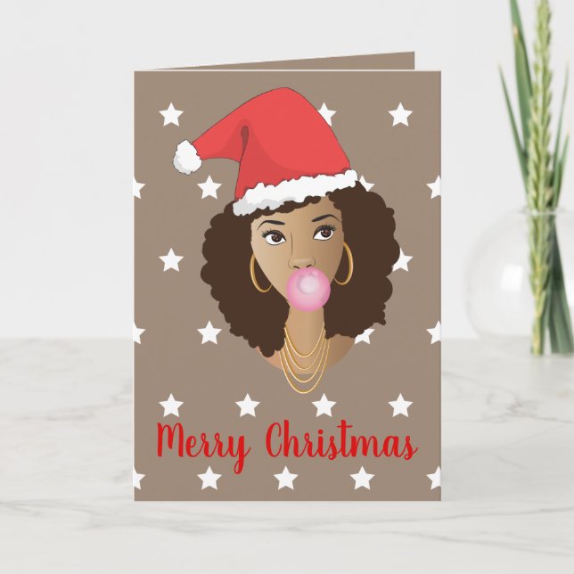 Frohe Weihnachten, Schwarze Frau, Weihnachtsmannmü Karte (Vorderseite)