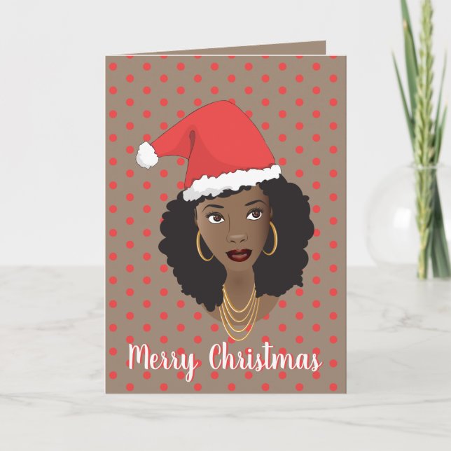 Frohe Weihnachten! Schwarze Frau, Weihnachtsmannmü Karte (Vorderseite)