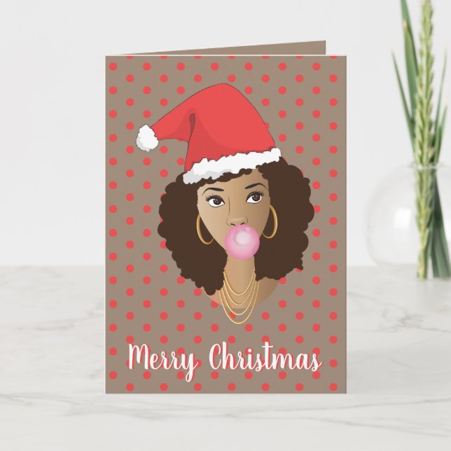 Frohe Weihnachten! Schwarze Frau, Weihnachtsmannmü Karte (Vorderseite)