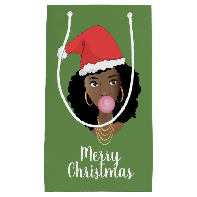 Frohe Weihnachten! Schwarze Frau, Weihnachtsmannmü Kleine Geschenktüte (Vorderseite)