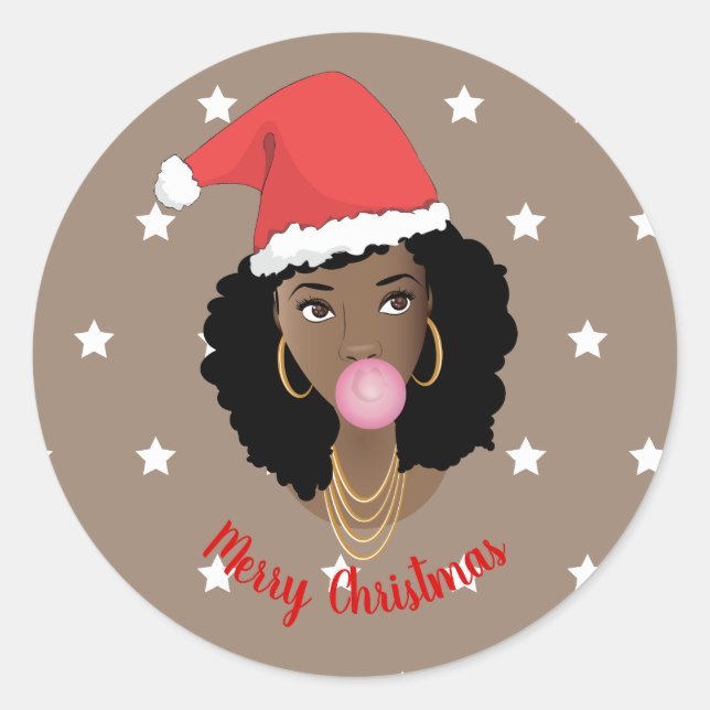 Frohe Weihnachten! Schwarze Frau, Weihnachtsmannmü Runder Aufkleber (Vorderseite)