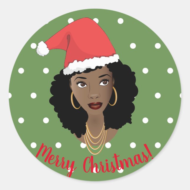 Frohe Weihnachten! Schwarze Frau, Weihnachtsmannmü Runder Aufkleber (Vorderseite)