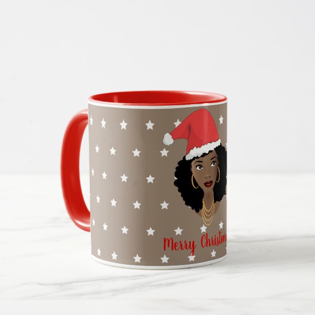 Frohe Weihnachten, schwarze Frau, weiße Sterne, br Tasse (Vorderseite Links)