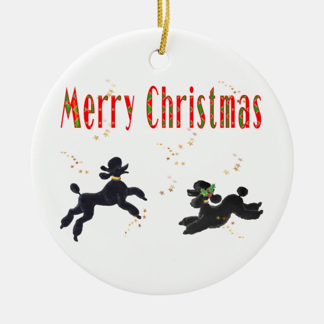Frohe Weihnachten Schwarze Poodles in Sternen Orna Keramik Ornament (Vorne)