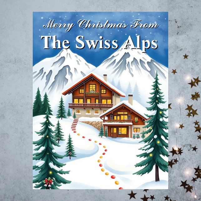 Frohe Weihnachten Schweizer Alpen Winter Chalet Ur Postkarte (Merry Christmas Swiss Alps Winter Chalet Holiday Postcard
)