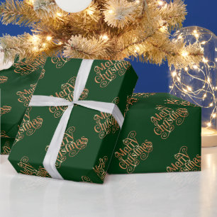Frohe Weihnachten Shiny Swirl Gold Text Dunkelgrün Geschenkpapier