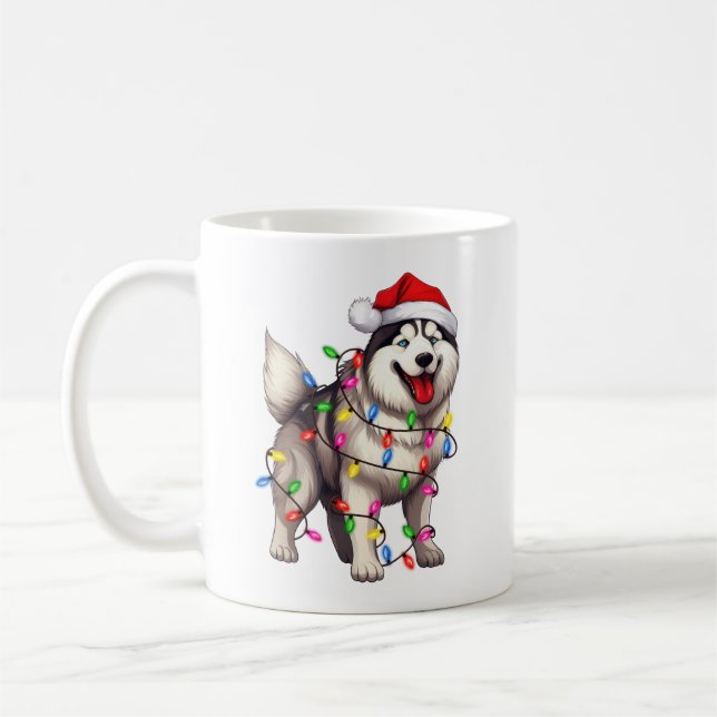 Frohe Weihnachten Sibirischer Husky mit Weihnachts Kaffeetasse (Links)