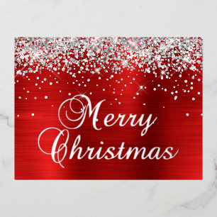 Frohe Weihnachten Silber Glitter Rot Folien Feiertagspostkarte