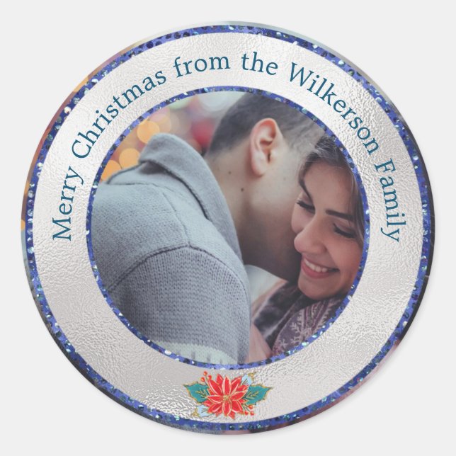 Frohe Weihnachten SIlver & Blue Glitzer Custom Fot Runder Aufkleber (Vorderseite)