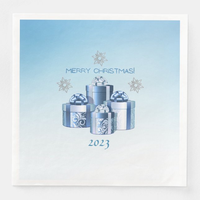 Frohe Weihnachten Silver & Blue Presents & Snowfla Serviette (Vorderseite)